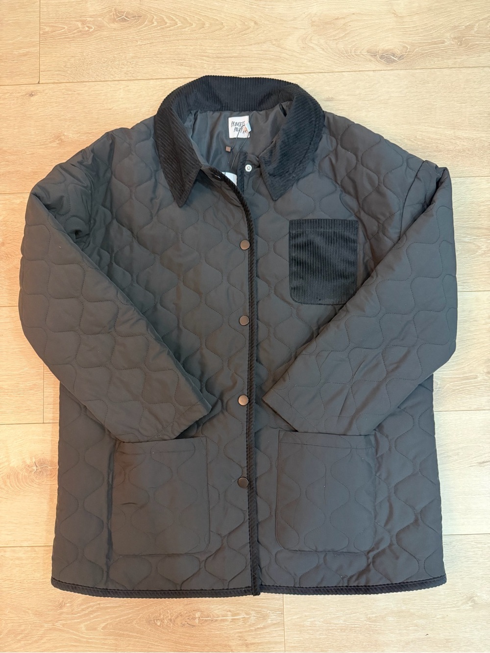 Princess Polly Black Quilted Jacket with Corduroy Collar & Trim small/medium